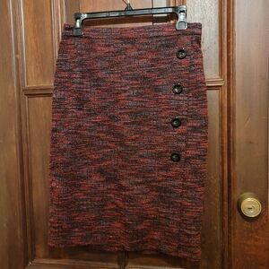 NWOT Ann Taylor Skirt Red Black Blue Tweed Buttons Lined Pencil Stretch-Size 4